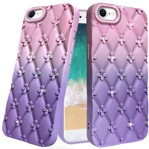 For iPhone 16E / SE4 Floral Joy Glitter Shimmer Leather Feel Thick TPU Case - Light Pink/Light Purple