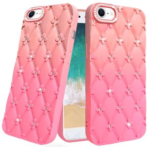 For iPhone 16E / SE4 Floral Joy Glitter Shimmer Leather Feel Thick TPU Case - Orange/Pink