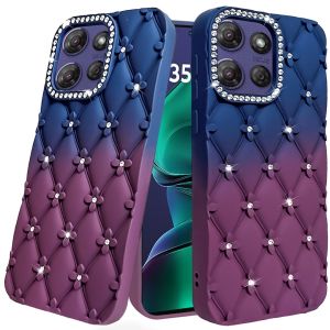 For Motorola Moto G Stylus 5G (2025) Floral Joy Glitter Shimmer Leather Feel Thick TPU Case - Dark Blue/Burgundy