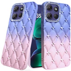 For Motorola Moto G Stylus 5G (2025) Floral Joy Glitter Shimmer Leather Feel Thick TPU Case - Light Blue/Light Pink