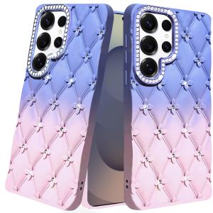 For Samsung s25 Ultra Floral Joy Glitter Shimmer Leather Feel Thick TPU Case - Light Blue/Light Pink