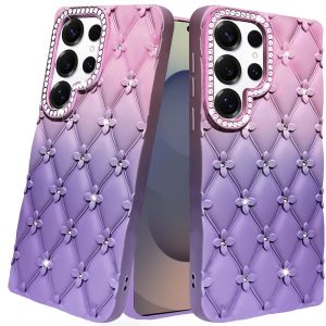 For Samsung s25 Ultra Floral Joy Glitter Shimmer Leather Feel Thick TPU Case - Light Pink/Light Purple