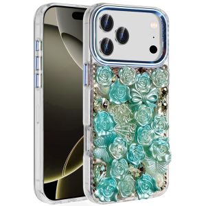For iPhone 17 Pro Max Muti-Color Floral Bling Stones Ornaments Case - Blue