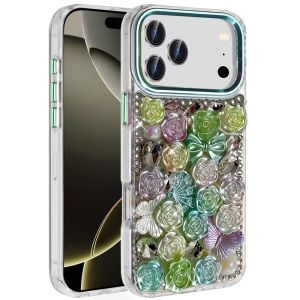 For iPhone 17 Pro Muti-Color Floral Bling Stones Ornaments Case - Green