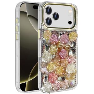 For iPhone 17 Pro Muti-Color Floral Bling Stones Ornaments Case - Orange