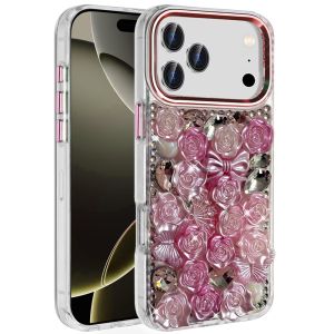 For iPhone 17 Pro Muti-Color Floral Bling Stones Ornaments Case - Pink