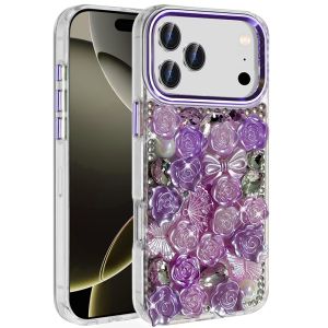 For iPhone 17 Pro Muti-Color Floral Bling Stones Ornaments Case - Purple