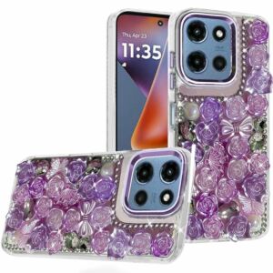 For Moto G 5G 2025/2026 - G Play 2026 - Muti-Color Floral Bling Stones Ornaments Case - Purple