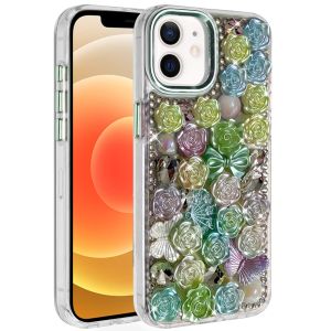 For iPhone 12 & iPhone 12 Pro Muti-Color Floral Bling Stones Ornaments Case - Green