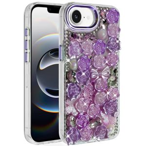 For iPhone 17E / 16E / SE4 Muti-Color Floral Bling Stones Ornaments Case - Purple