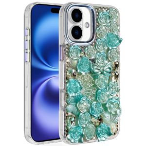 For iPhone 17 Muti-Color Floral Bling Stones Ornaments Case - Blue