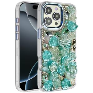 For iPhone 16 Pro Max 6.9 Muti-Color Floral Bling Stones Ornaments Case - Blue