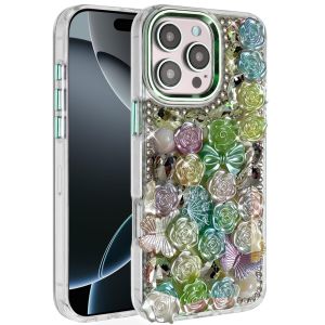 For iPhone 16 Pro Max 6.9 Muti-Color Floral Bling Stones Ornaments Case - Green