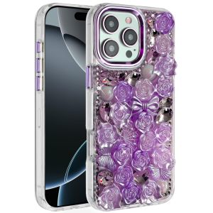 For iPhone 16 Pro Max 6.9 Muti-Color Floral Bling Stones Ornaments Case - Purple