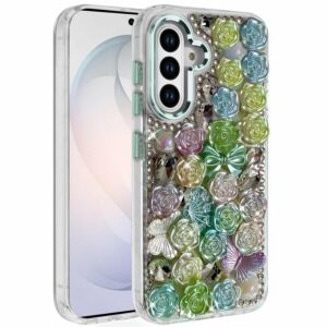 For Samsung Galaxy s26 FE Muti-Color Floral Bling Stones Ornaments Case - Green