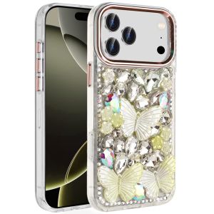For iPhone 17 Pro Max Lavished Floral Butterfly Bling Stones Hybrid Case - Rose Gold