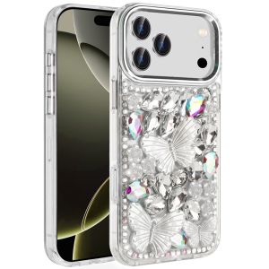 For iPhone 17 Pro Max Lavished Floral Butterfly Bling Stones Hybrid Case - Silver