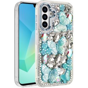 For Samsung A16 5G Lavished Floral Butterfly Bling Stones Hybrid Case - Blue