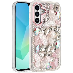 For Samsung A16 5G Lavished Floral Butterfly Bling Stones Hybrid Case - Pink