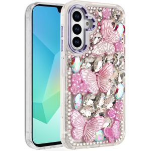 For Samsung A16 5G Lavished Floral Butterfly Bling Stones Hybrid Case - Purple