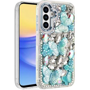 For Samsung A15 5G Lavished Floral Butterfly Bling Stones Hybrid Case - Blue