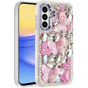 For Samsung A15 5G Lavished Floral Butterfly Bling Stones Hybrid Case - Purple