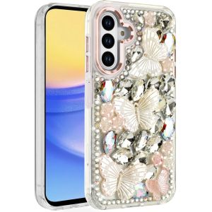 For Samsung A15 5G Lavished Floral Butterfly Bling Stones Hybrid Case - Rose Gold