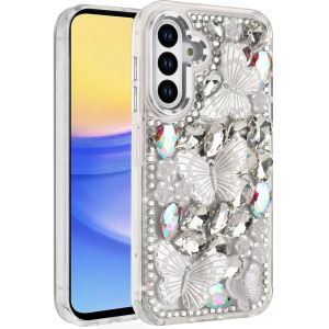 For Samsung A15 5G Lavished Floral Butterfly Bling Stones Hybrid Case - Silver