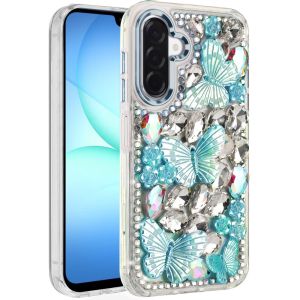 For Samsung A17 5G Lavished Floral Butterfly Bling Stones Hybrid Case - Blue