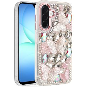 For Samsung A17 5G Lavished Floral Butterfly Bling Stones Hybrid Case - Pink
