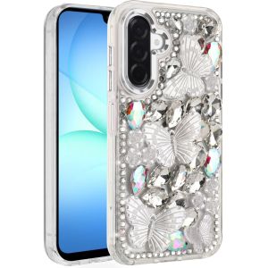 For Samsung A17 5G Lavished Floral Butterfly Bling Stones Hybrid Case - Silver
