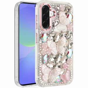 For Samsung Galaxy A37 Lavished Floral Butterfly Bling Stones Hybrid Case - Pink