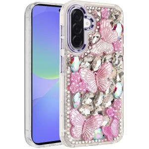 For Samsung Galaxy A37 Lavished Floral Butterfly Bling Stones Hybrid Case - Purple