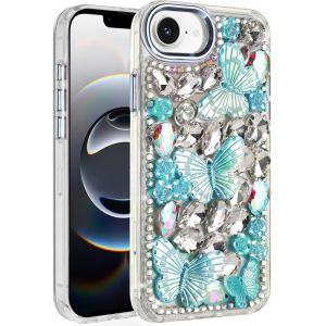 For iPhone 16E (E edition) / SE4 (2025) Lavished Floral Butterfly Bling Stones Hybrid Case - Blue