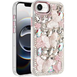 For iPhone 16E (E edition) / SE4 (2025) Lavished Floral Butterfly Bling Stones Hybrid Case - Pink