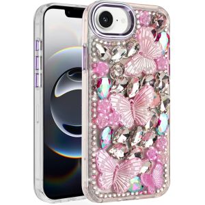 For iPhone 16E (E edition) / SE4 (2025) Lavished Floral Butterfly Bling Stones Hybrid Case - Purple