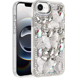 For iPhone 16E (E edition) / SE4 (2025) Lavished Floral Butterfly Bling Stones Hybrid Case - Silver