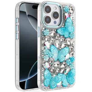 For iPhone 16 Pro Max 6.9 Lavished Floral Butterfly Bling Stones Hybrid Case - Blue