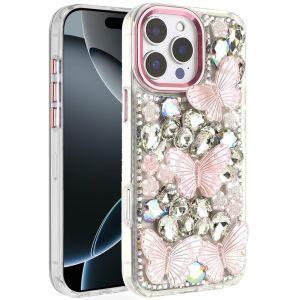 For iPhone 16 Pro Max 6.9 Lavished Floral Butterfly Bling Stones Hybrid Case - Pink