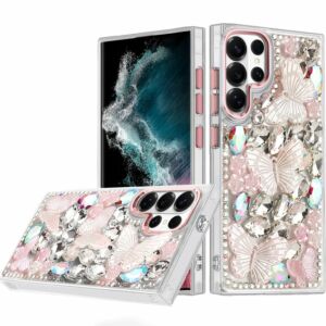 For Samsung Galaxy S22 Ultra Lavished Floral Butterfly Bling Stones Hybrid Case - Pink