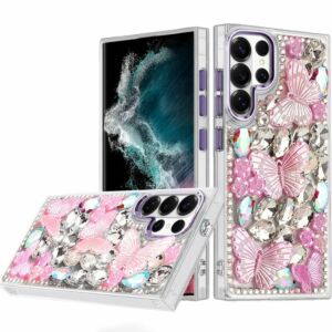 For Samsung Galaxy S22 Ultra Lavished Floral Butterfly Bling Stones Hybrid Case - Purple