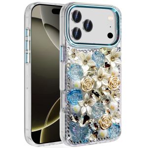 For iPhone 17 Pro Max Muti-Color Rose Bling Stones Ornaments Case - Blue