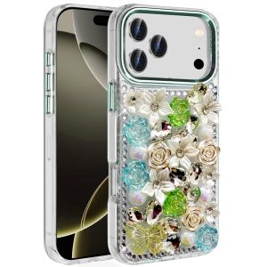 For iPhone 17 Pro Max Muti-Color Rose Bling Stones Ornaments Case - Green