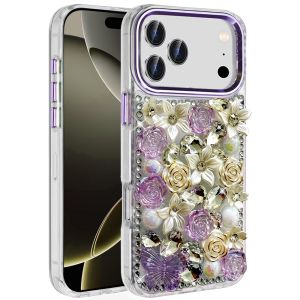 For iPhone 17 Pro Max Muti-Color Rose Bling Stones Ornaments Case - Purple