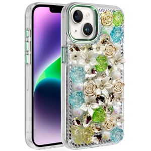 For iPhone 13/14 Muti-Color Rose Bling Stones Ornaments Case - Green
