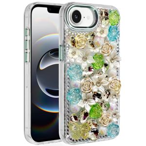 For iPhone 16E (E edition) / SE4 (2025) Muti-Color Rose Bling Stones Ornaments Case - Green