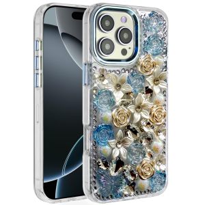 For iPhone 16 Pro Max 6.9 Muti-Color Rose Bling Stones Ornaments Case - Blue
