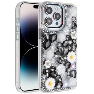 For iPhone 14 PRO MAX 6.7" Spectacular Full Bling Stones Glitter HQ Hybrid Floral Series - Black