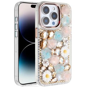 For iPhone 14 PRO MAX 6.7" Spectacular Full Bling Stones Glitter HQ Hybrid Floral Series - Gold