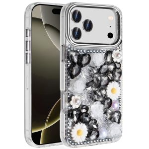 For iPhone 17 Pro Spectacular Full Bling Stones Glitter HQ Hybrid Floral Series - Black